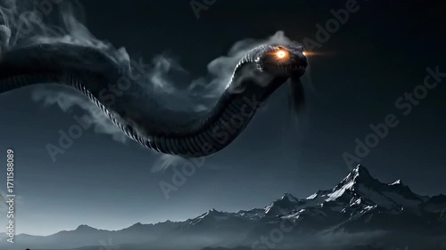 A Colossal Mythical Serpent with Glowing Eyes Soars Majestically Over a Dark, Misty Mountain Range.