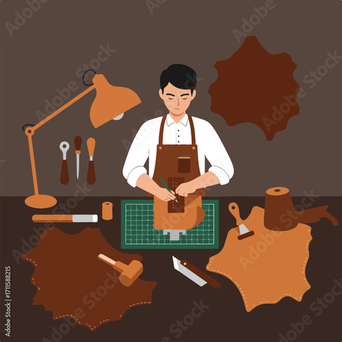 Artisan crafting leather goods at workbench, surrounded by tools and materials