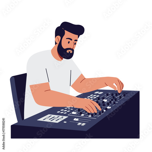 Bearded man with sound mixer, adjusting levels, concentrating in minimalist vector graphic