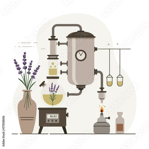 Illustration showcasing lavender essence extraction with distillation apparatus and lavender bouquet