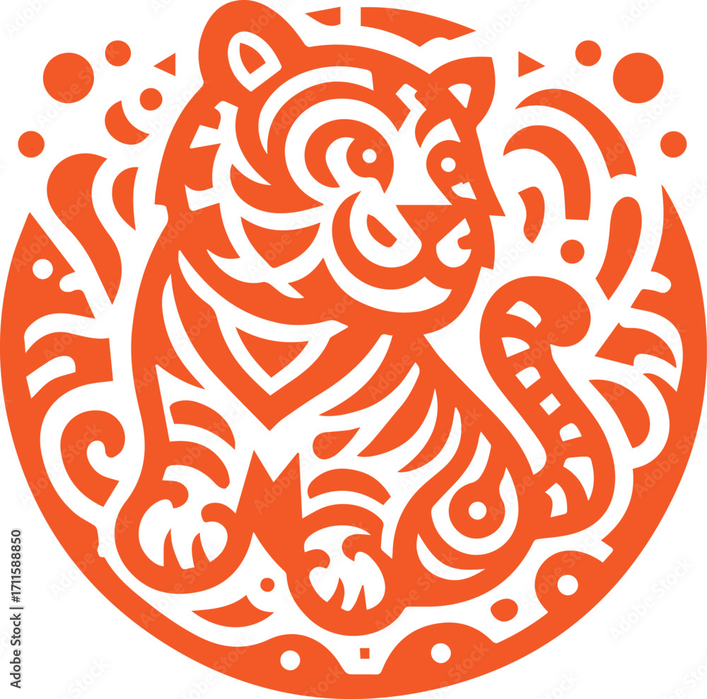 Fototapeta premium tiger in an orange circle with swirls