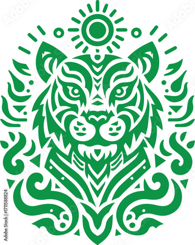 green and white tiger head with a sun in the middle