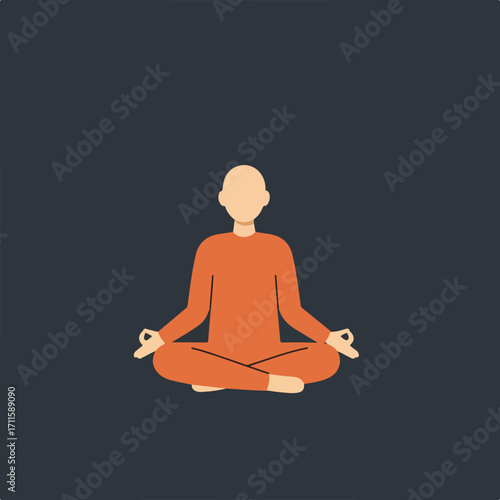 Stylized figure in orange clothing seated in the lotus position against a gray background