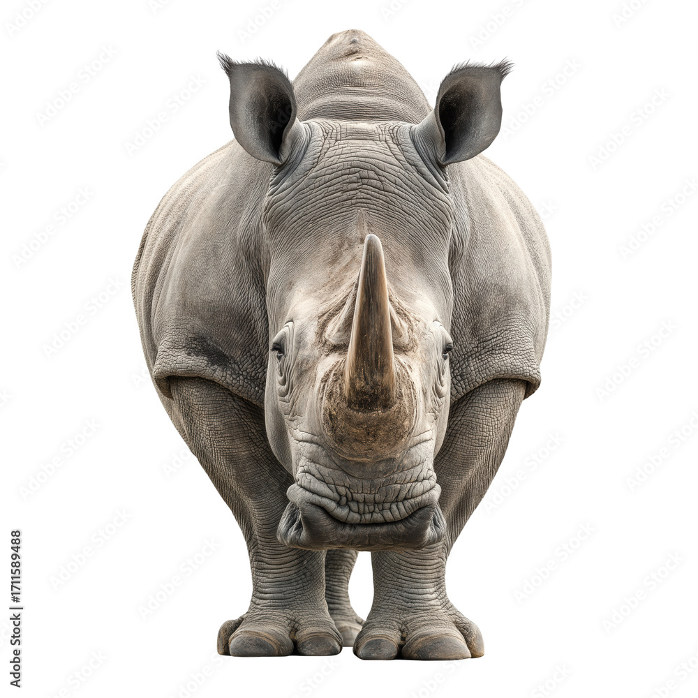 Obraz premium White rhinoceros frontal view thick skin texture isolated powerful mammal facing camera with horn and wrinkles in studio lighting, dramatic and intense expression