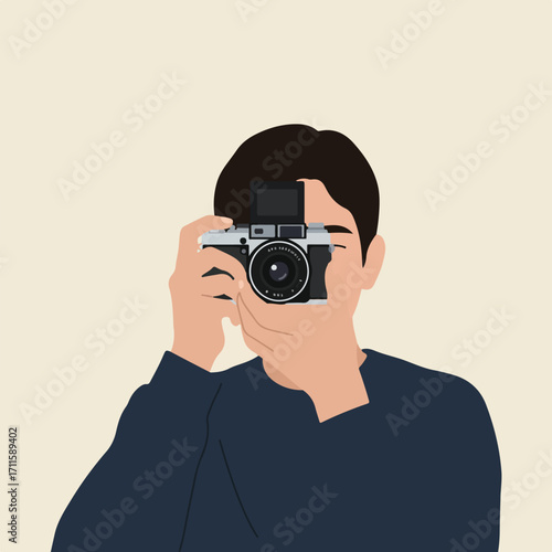 A flat vector illustration of a man aiming a vintage camera against a pale background