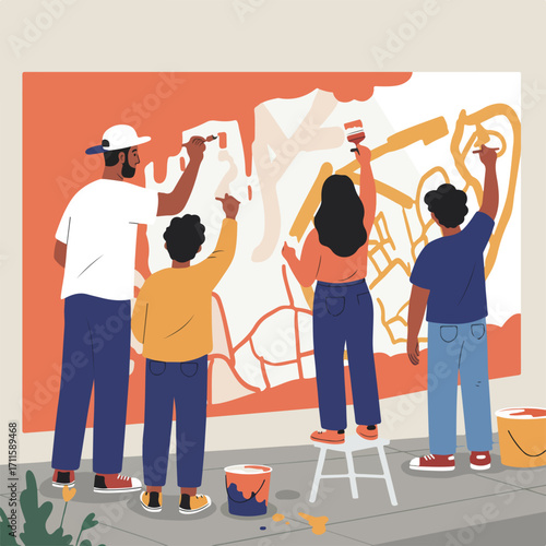 Four people collaboratively paint a large mural, vibrant colors & dynamic composition, casual attire