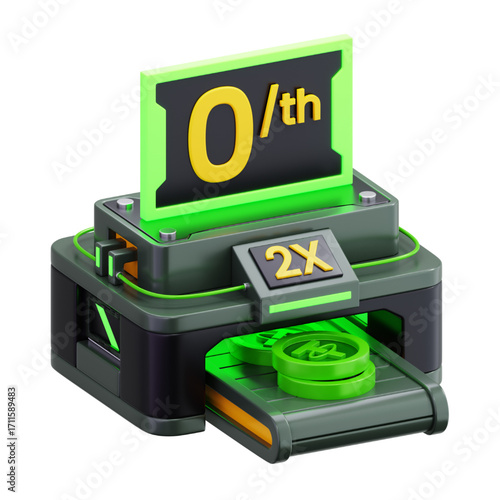 3D illustration of a digital 0th token printing machine, representing blockchain, crypto, NFT, web3, and the concept of digital currency