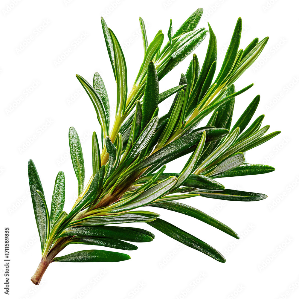 Fototapeta premium Fresh rosemary sprig with needle like leaves rich green glossy texture culinary herb aromatic Mediterranean ingredient for cooking garnish and seasoning
