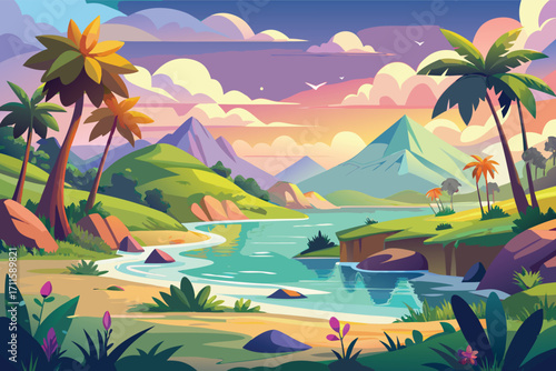 Vibrant sunset over a serene tropical landscape with a winding river and distant mountains