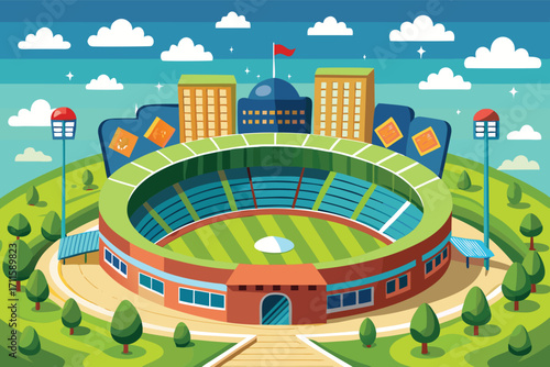 Stadium surrounded by buildings under a bright sky with fluffy clouds and green grass