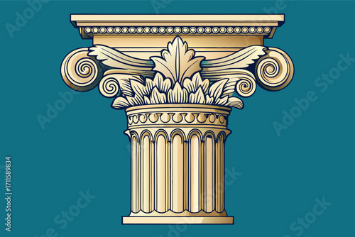 Classic architectural column design featuring intricate details and scroll motifs on a blue background