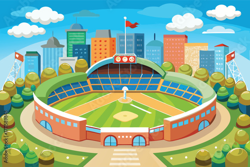 Bright and colorful baseball stadium surrounded by a lively city landscape in a sunny setting