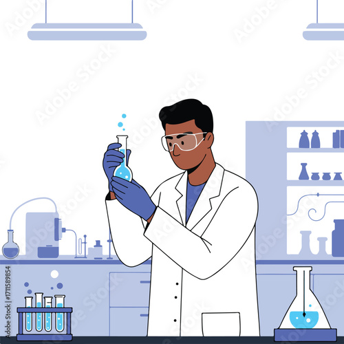 Illustrated scientist holding a flask in a lab with test tubes and beakers in the background