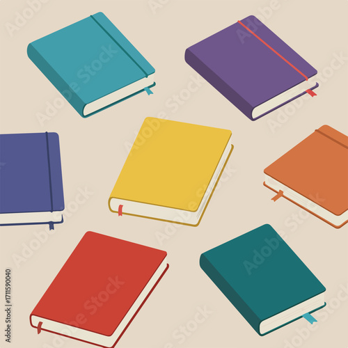 Isometric view of assorted colorful notebooks/journals with elastic bands and ribbon bookmarks