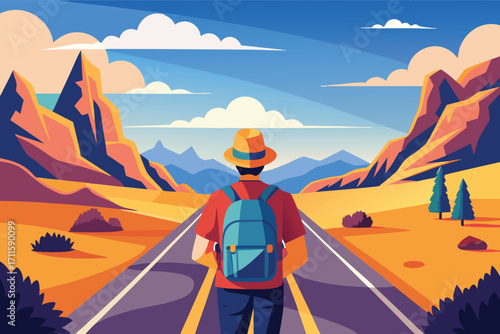 Hiker explores vast landscape on a winding road under a bright sky during a sunny day