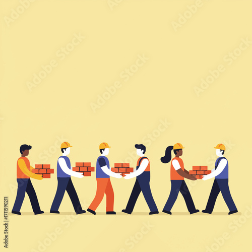A diverse group of construction workers efficiently passes bricks along a line, symbolizing collaboration, unity, and progress in a building endeavor.