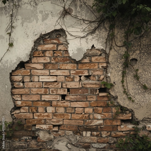 A distressed and worn wall from the 1900s with a broken pattern of faded bricks and crumbling mortar, showcasing a mix of earthy tones such as brown, beige, and grey, with visible cracks, erosion, and
