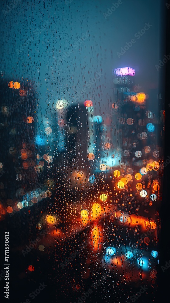 Obraz premium Cityscape At Night Through Rainy Window