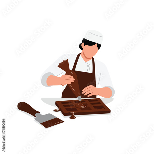 Cartoon of a confectioner filling a chocolate mold with a pastry bag on a white background