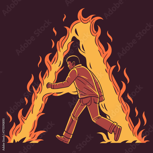 Vector illustration of a glowing fire letter A with flames and a man walking through it. Creative conceptual art for alphabet design, burning letters, typography, imagination, and dramatic effect