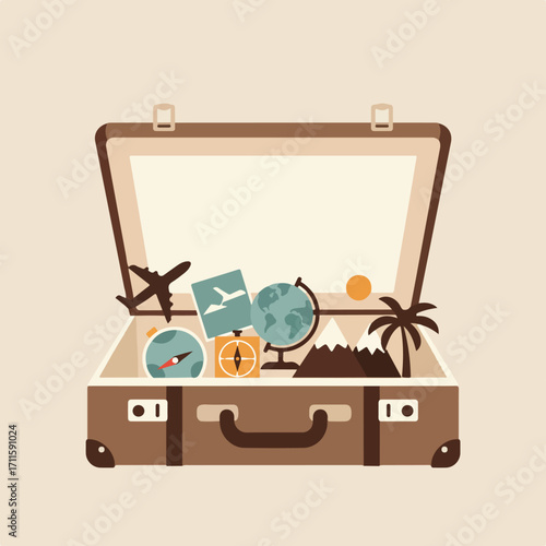Open suitcase with various travel icons, including a plane, compass, and globe