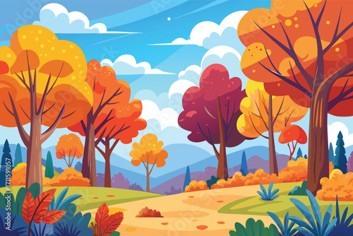 Vibrant autumn landscape with colorful trees and a serene path in a peaceful nature setting