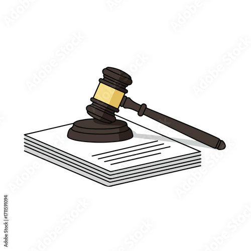 Cartoon gavel rests on top of white papers, a symbol for law and justice system in action