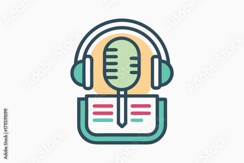 Digital illustration of a microphone and headphones with an open book focused on learning in a creative space