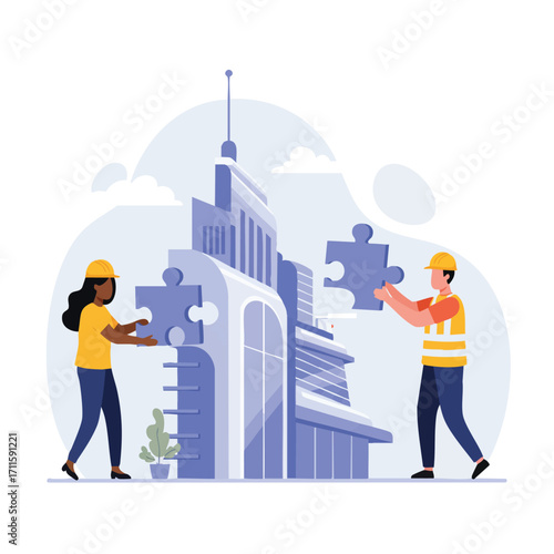 Two diverse construction workers collaborate to assemble a modern building using puzzle pieces, symbolizing teamwork, development, and strategic business growth.