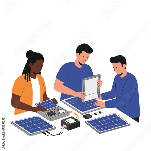 Three individuals work with solar panels and electronic equipment on a white surface