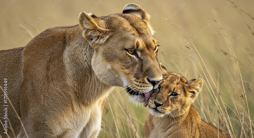 Fototapeta premium A lioness licking her cub affectionately.