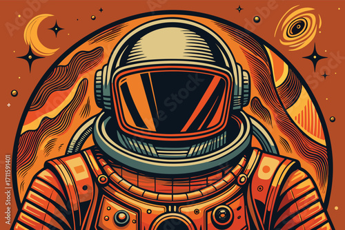 Space explorer in vintage astronaut suit against a cosmic background with swirling galaxies and stars
