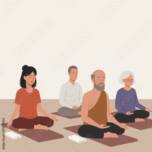 Group of diverse individuals practicing serene seated meditation on yoga mats indoors