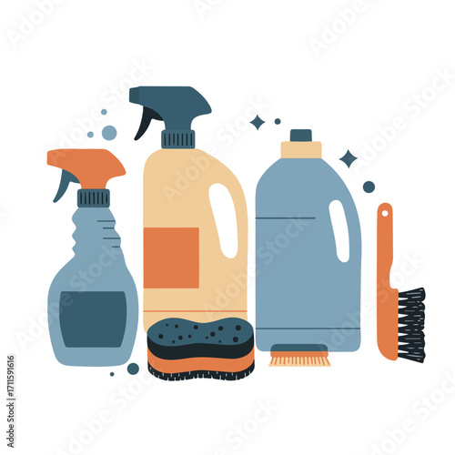 An illustration of cleaning supplies, including bottles, scrub, sponges and a brush