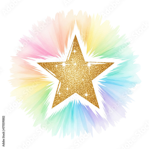A sparkling golden star with a rainbow watercolor splash effect isolated on a transparent background, representing success and celebration