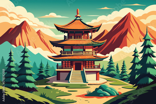 Majestic traditional temple surrounded by mountains and forests in a serene landscape