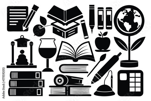 Educational elements and tools arranged in a creative collage for learning and knowledge