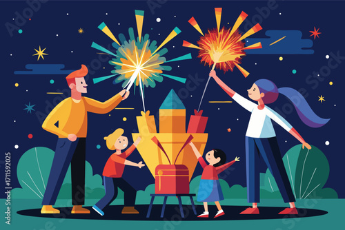 Family celebrates with colorful fireworks and sparklers in a festive outdoor night scene