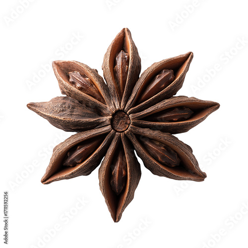 Star anise spice with eight pointed pods and visible seeds, detailed close up showing textured brown surface and radial symmetry, warm aromatic mood