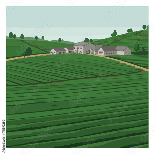Lush, stylized agricultural scene featuring terraced fields, buildings, and distant trees
