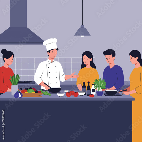 Cartoon kitchen cooking class scene; chef teaching group in a modern blue tiled kitchen