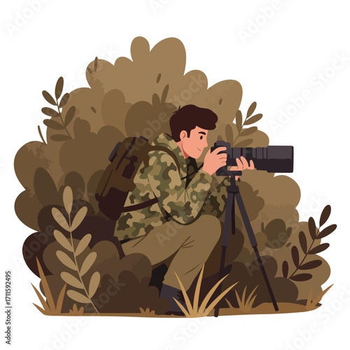Camouflaged man crouches, photographing behind a tripod in dense, neutral-toned foliage