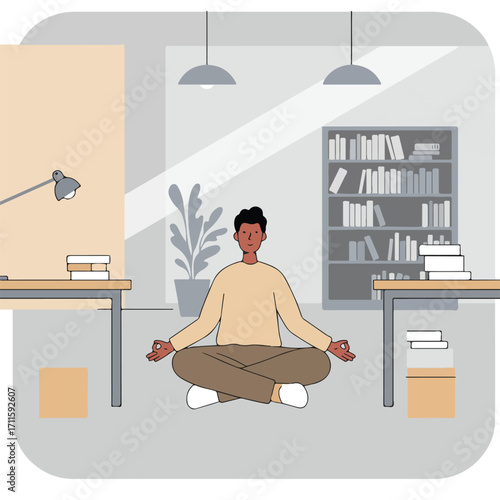 Flat illustration Man meditates cross-legged in office interior with desks and bookshelves
