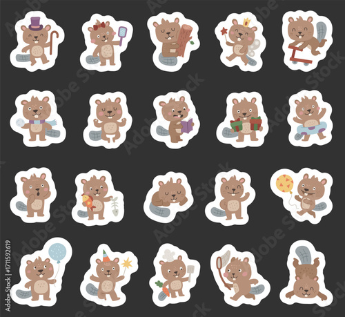 Beaver character set in scandinavian style showing different emotions and poses including fairy, scooter, chef hat, balloon, celebration, gift, reading, meditation, sleeping, relaxing