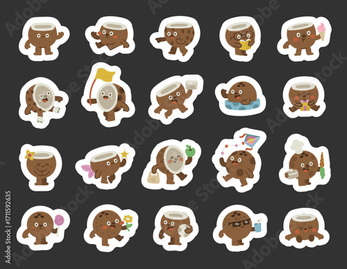 Coconut character set in scandinavian style showing different emotions and poses including greeting, studying, cooking, celebrating, relaxing, shopping, reading, sleeping, eating and drinking