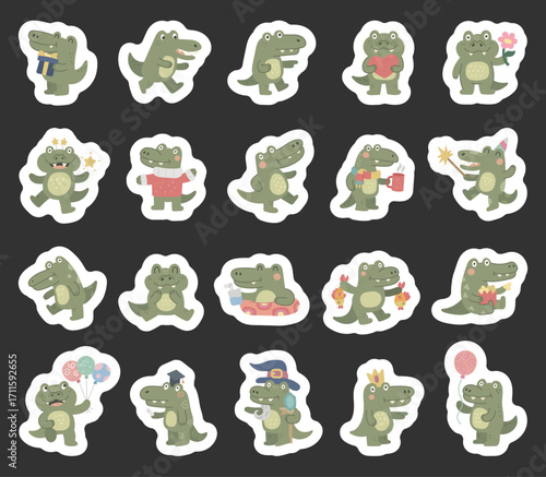 Crocodile character set in scandinavian style showing different emotions and poses with birthday, celebration, valentine, education, vacation, holiday, rest, magic, food and drink