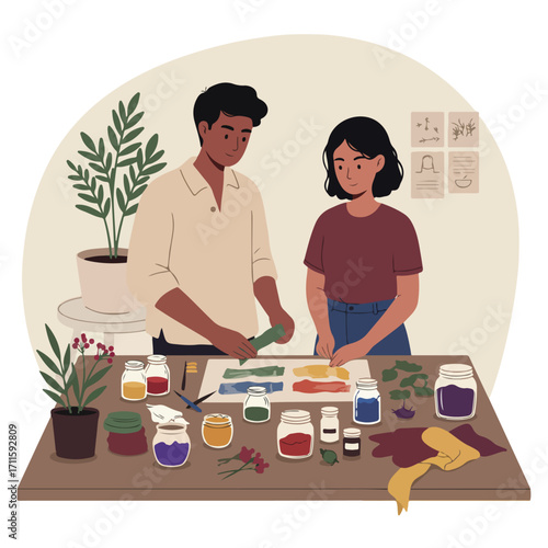 Two people at table creating natural dyes with plants, flowers, and leaves in jars