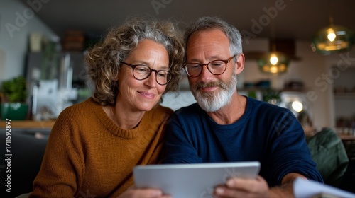 Older couple looking at tablet.