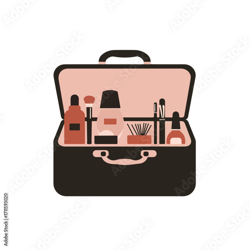 Illustrated open makeup bag with various cosmetic products inside in muted pastel colors