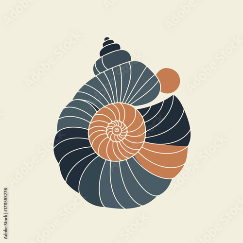 Stylized sea shell, in concentric shapes of blue and orange, on an off-white backdrop